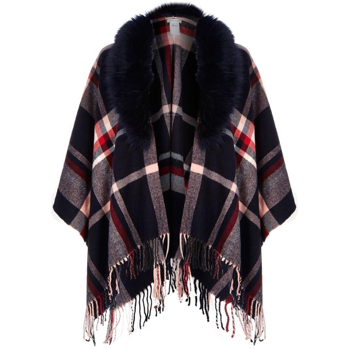 River Island Womens Plaid Faux Fur Trim Tassel Cape