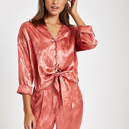 River Island Womens Jacquard Tie Front Pyjama Shirt