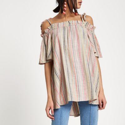 River Island Womens Stripe Bow Cold Shoulder Top