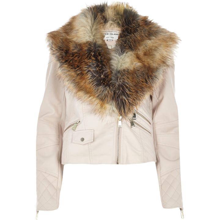 River Island Womens Leather-look Faux Fur Trim Jacket