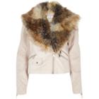 River Island Womens Leather-look Faux Fur Trim Jacket
