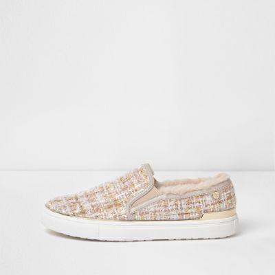 River Island Womens Tweed Faux Fur Trim Slip On Plimsolls