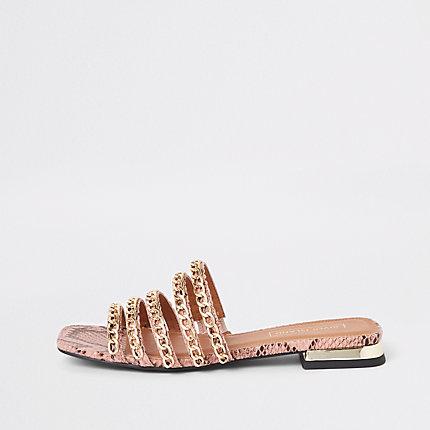 River Island Womens Snake Print Multi Chain Strap Flat Mules