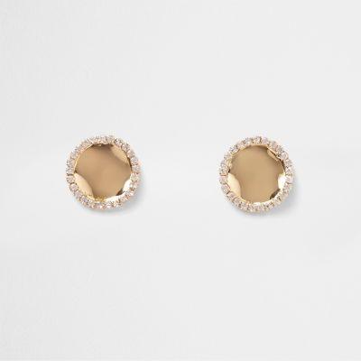 River Island Womens Gold Tone Wavy Rhinestone Disk Stud Earrings