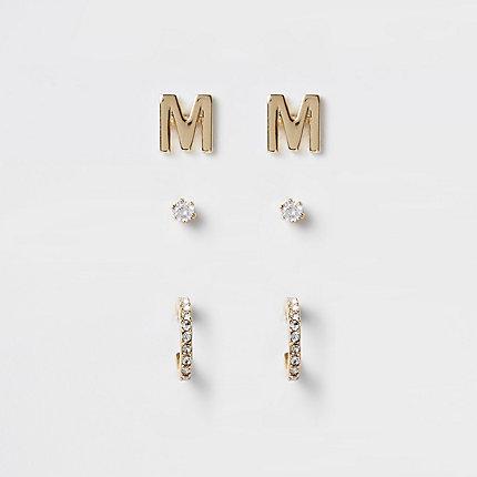 River Island Womens Gold Plated 'm' Cubic Zirconia Stud Multipack