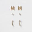 River Island Womens Gold Plated 'm' Cubic Zirconia Stud Multipack