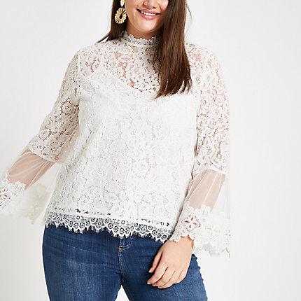 River Island Womens Plus White Lace Long Sleeve Blouse