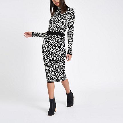 River Island Womens Leopard Print Knit Midi Skirt