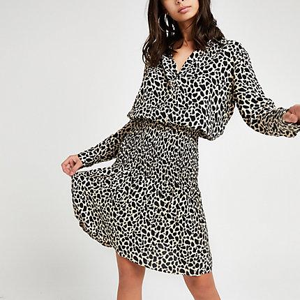 River Island Womens Leopard Print Shirred Shirt Dress