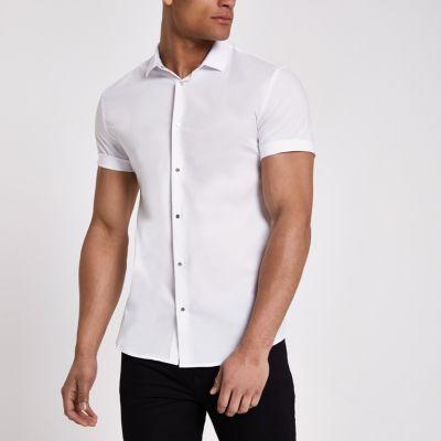 River Island Mens White Muscle Fit Popper Button Shirt