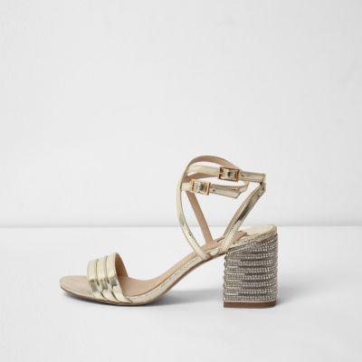 River Island Womens Gold Metallic Diamante Block Heel Sandals