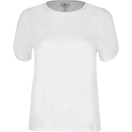 River Island Womens Petite White Ruched Sleeve T-shirt