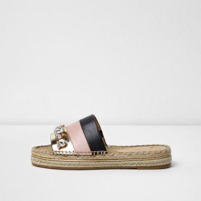 River Island Womens Stripe Rhinestone Espadrille Sliders