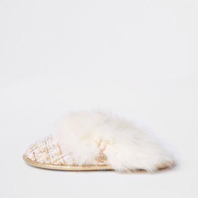 River Island Womens Boucle Faux Fur Trim Slider Slippers