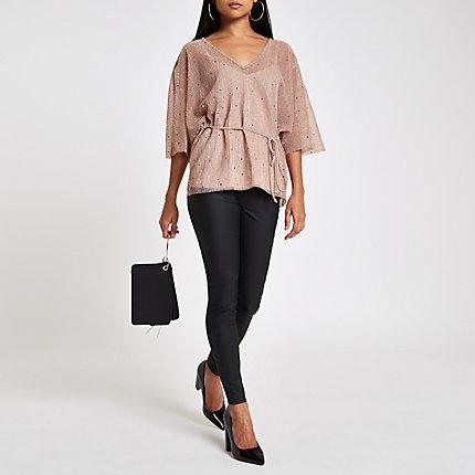 River Island Womens Petite Sequin Tie Waist Top