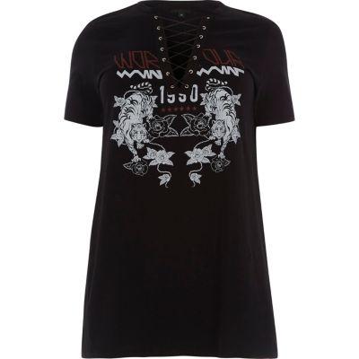 River Island Womens Plus Band Print Lace-up T-shirt