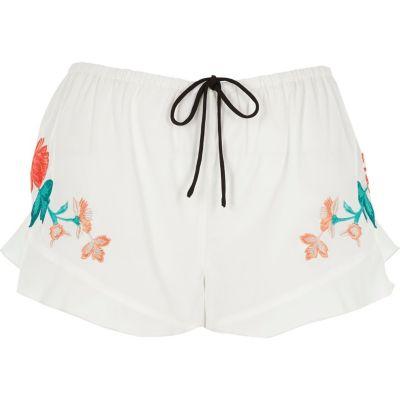 River Island Womens White Floral Embroidered Frill Pajama Shorts