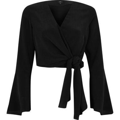 River Island Womens Wrap Front Flare Sleeve Crop Top