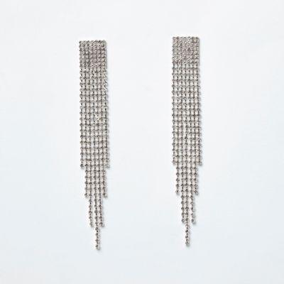 River Island Womens Silver Tone Rhinestone Pave Drop Earrings