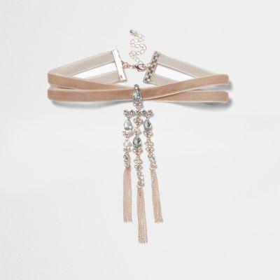 River Island Womens Velvet Rhinestone Cross Choker