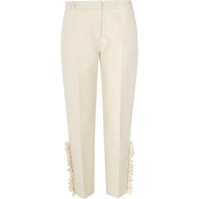 River Island Womens White Gold Dot Pearl Frill Cigarette Trousers