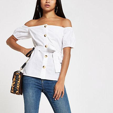 River Island Womens Petite White Bardot Button Top