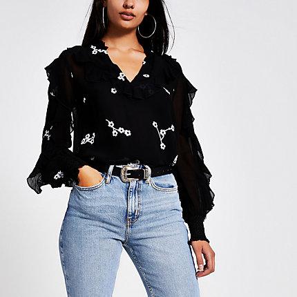 River Island Womens Daisy Embroidered Long Sleeve Sheer Top