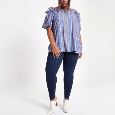River Island Womens Plus Stripe Bow Cold Shoulder Top