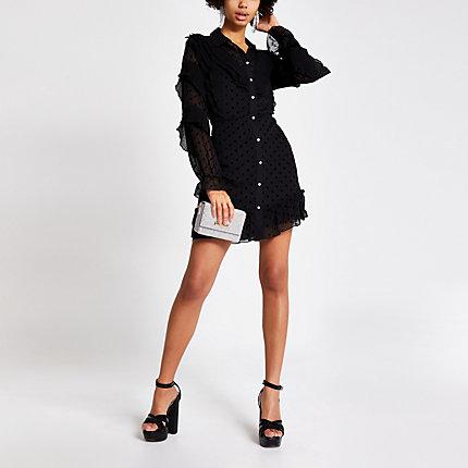River Island Womens Polka Dot Mesh Ruffle Frill Shirt Dress
