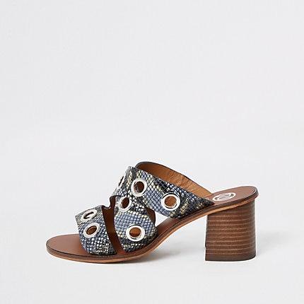River Island Womens Leather Print Eyelet Block Heel Mules