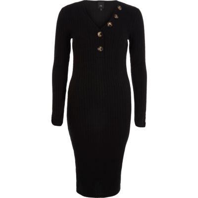 River Island Womens Rib Long Sleeve V Neck Midi Dress