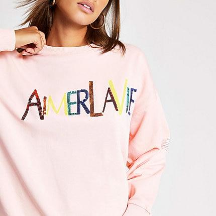 River Island Womens Sequin Slogan Embellished Sweatshirt