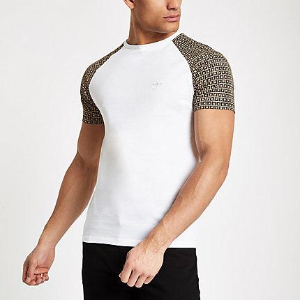 River Island Mens White Muscle Fit Ri Monogram Raglan T-shirt
