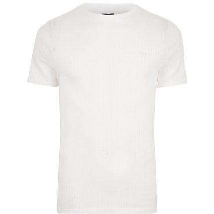 River Island Mens White Ribbed Muscle Fit Embroidered T-shirt
