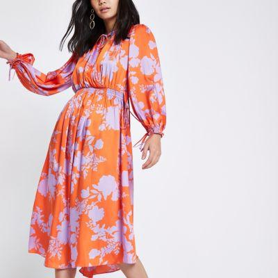 River Island Womens Floral Tie Neck Shirred Midi Dress