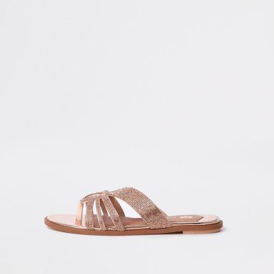 River Island Womens Gold Gem Embellished Toe Post Sandals