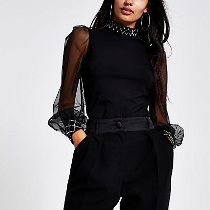 River Island Womens Embellished Trim Long Sheer Sleeve Top