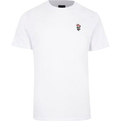 River Island Mens White Rose Chest Embroidery Slim Fit T-shirt