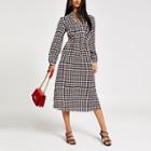 River Island Womens Dogtooth Tie Neck Waisted Midi Dress