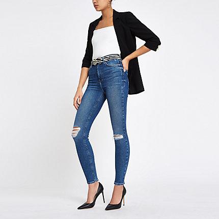 River Island Womens Hailey High Rise Ripped Denim Jeans