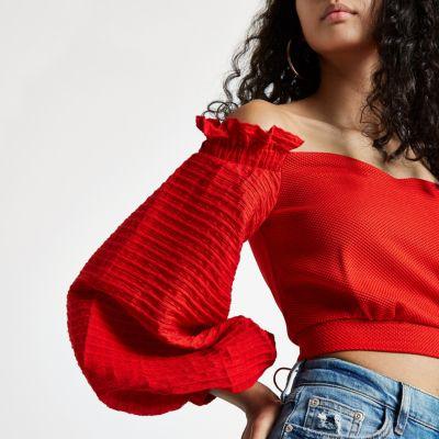 River Island Womens Textured Puff Sleeve Bardot Crop Top