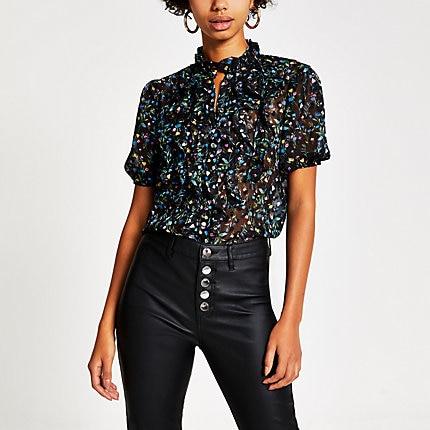 River Island Womens Floral Ruffle Short Sleeve Blouse