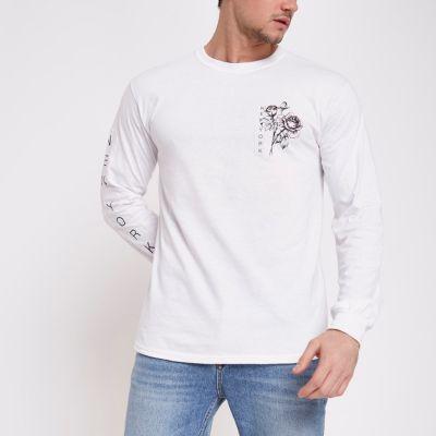River Island Mens White 'new York' Rose Long Sleeve T-shirt