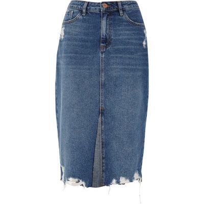 River Island Womens Denim Distressed Hem Pencil Skirt