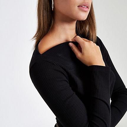River Island Womens Ribbed Boat Neck Long Sleeve Shirt