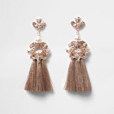 River Island Womens Rose Gold Tone Jewel Tassel Drop Earrings