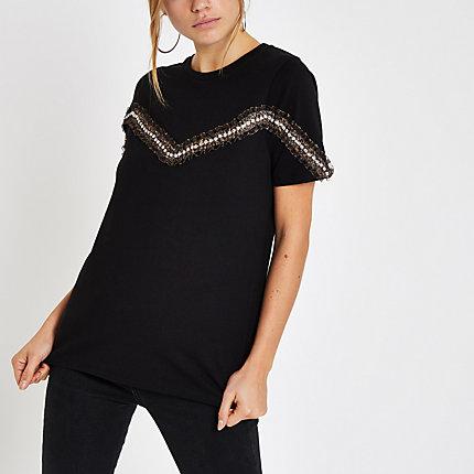 River Island Womens Leopard Print Diamante Trim T-shirt