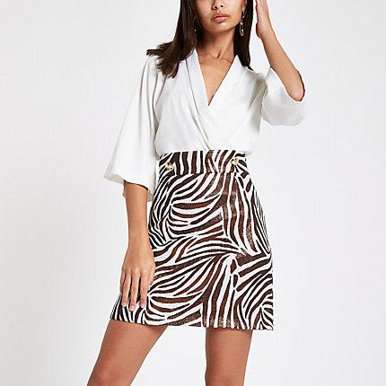 River Island Womens Gold Metallic Zebra Print Mini Skirt