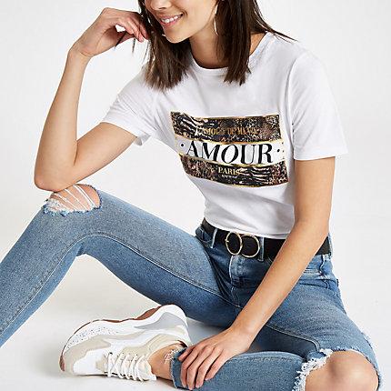 River Island Womens White 'mon Amour' Mixed Print T-shirt