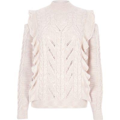 River Island Womens Frill High Neck Cable Knit Jumper